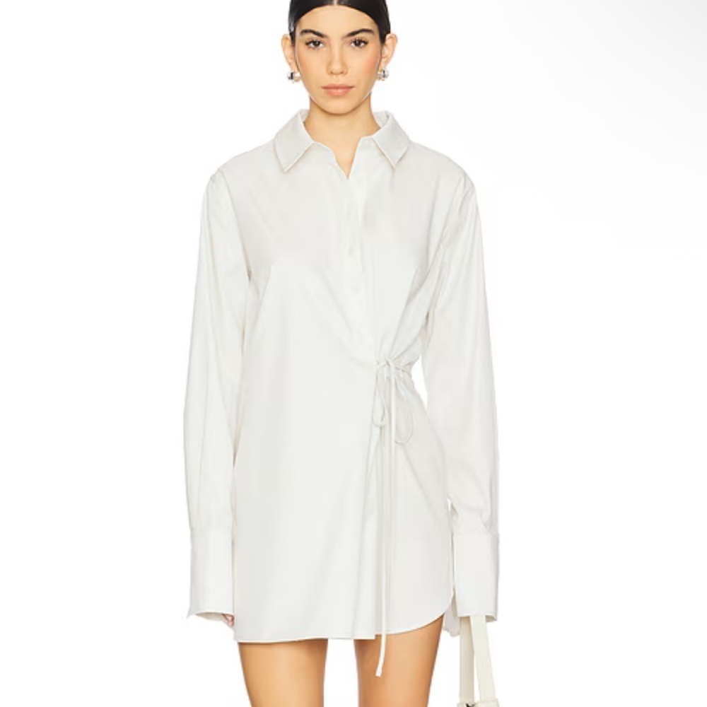 EAVES Bibas Mini Shirt Dress Chalk Cream Button-Up Shirt poplin tie Revolve XS